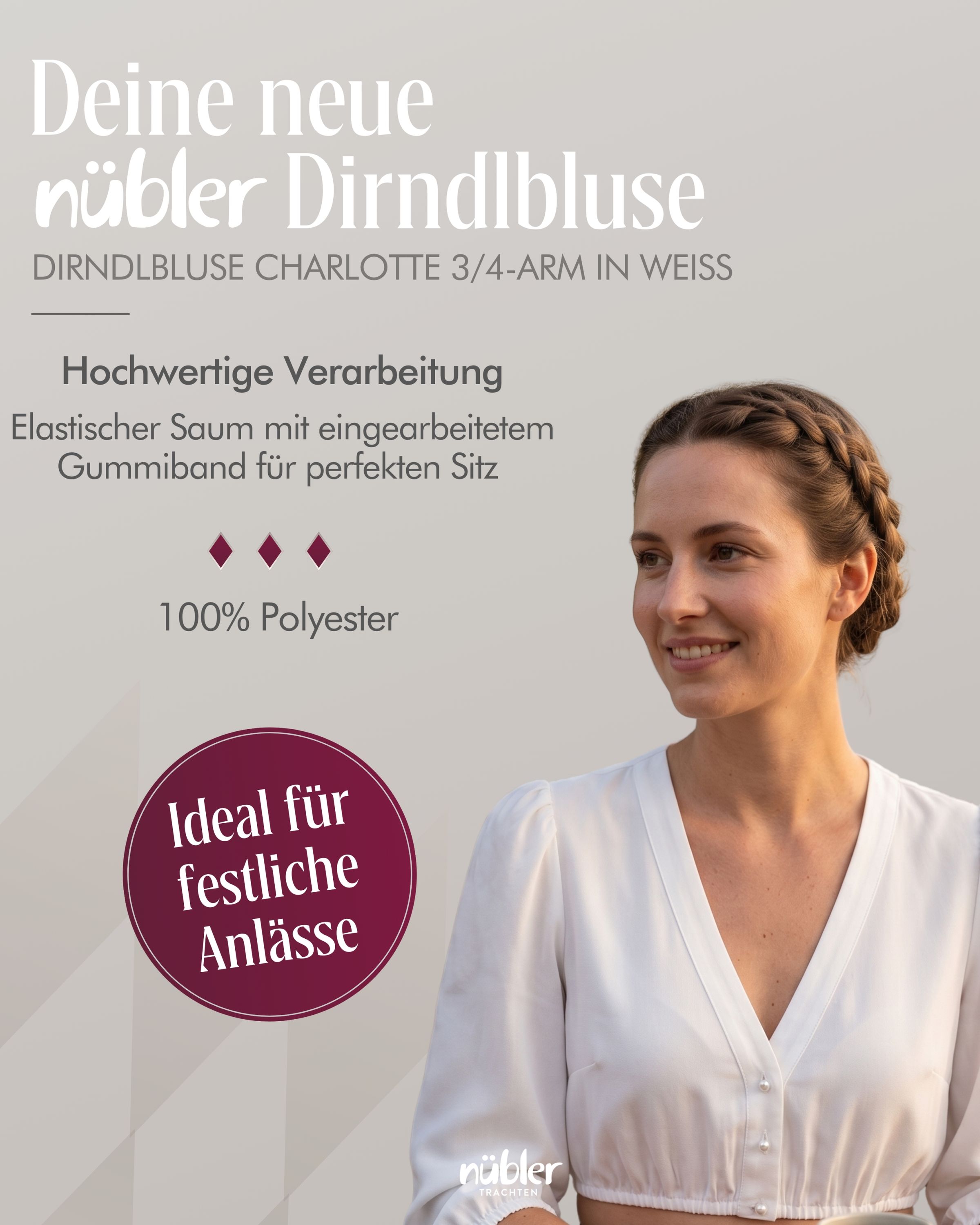 Dirndlbluse Charlotte 3/4-Arm in Creme von Nübler