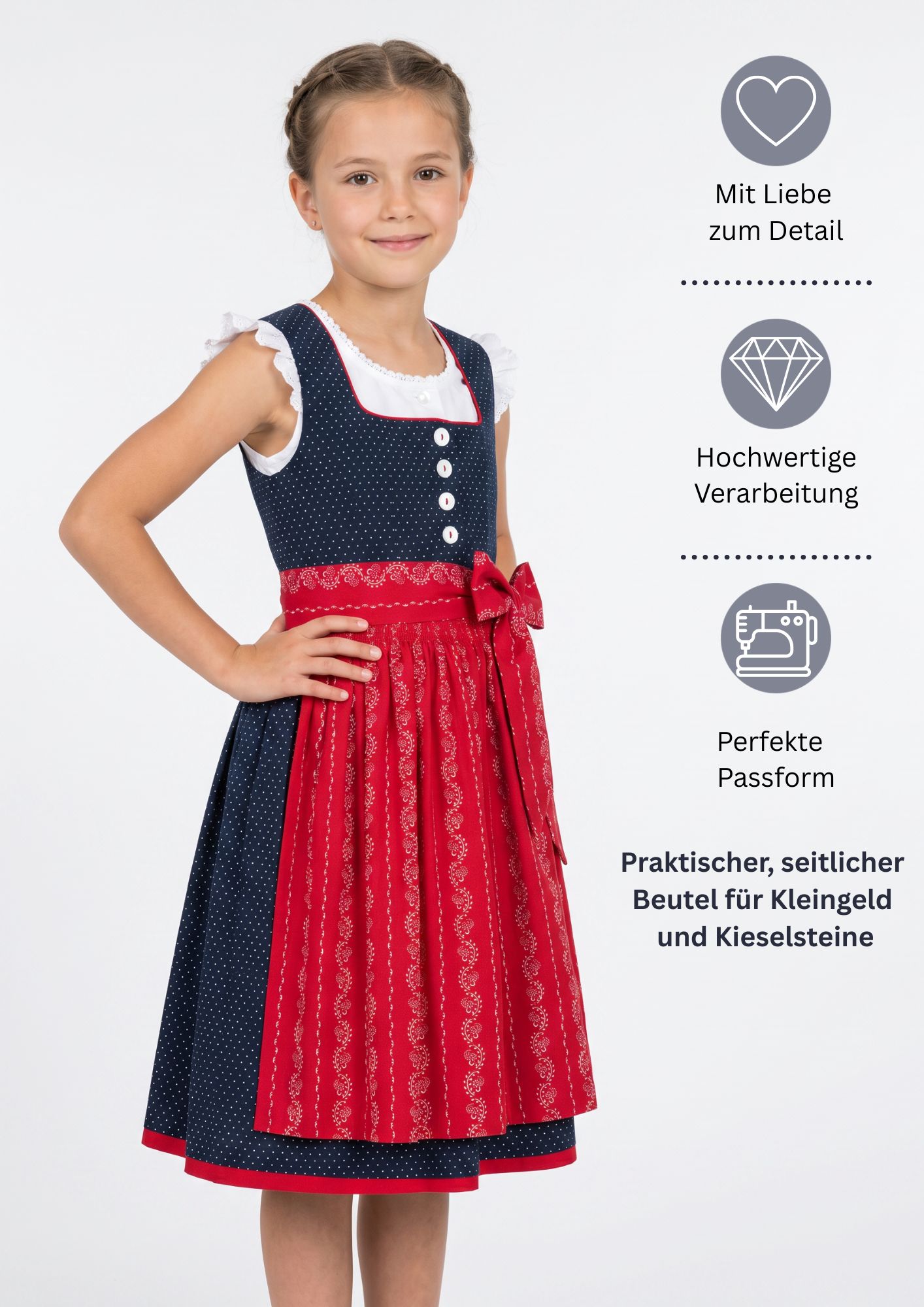 Kinderdirndl Worthersee in Marine-Kirschrot von Nübler