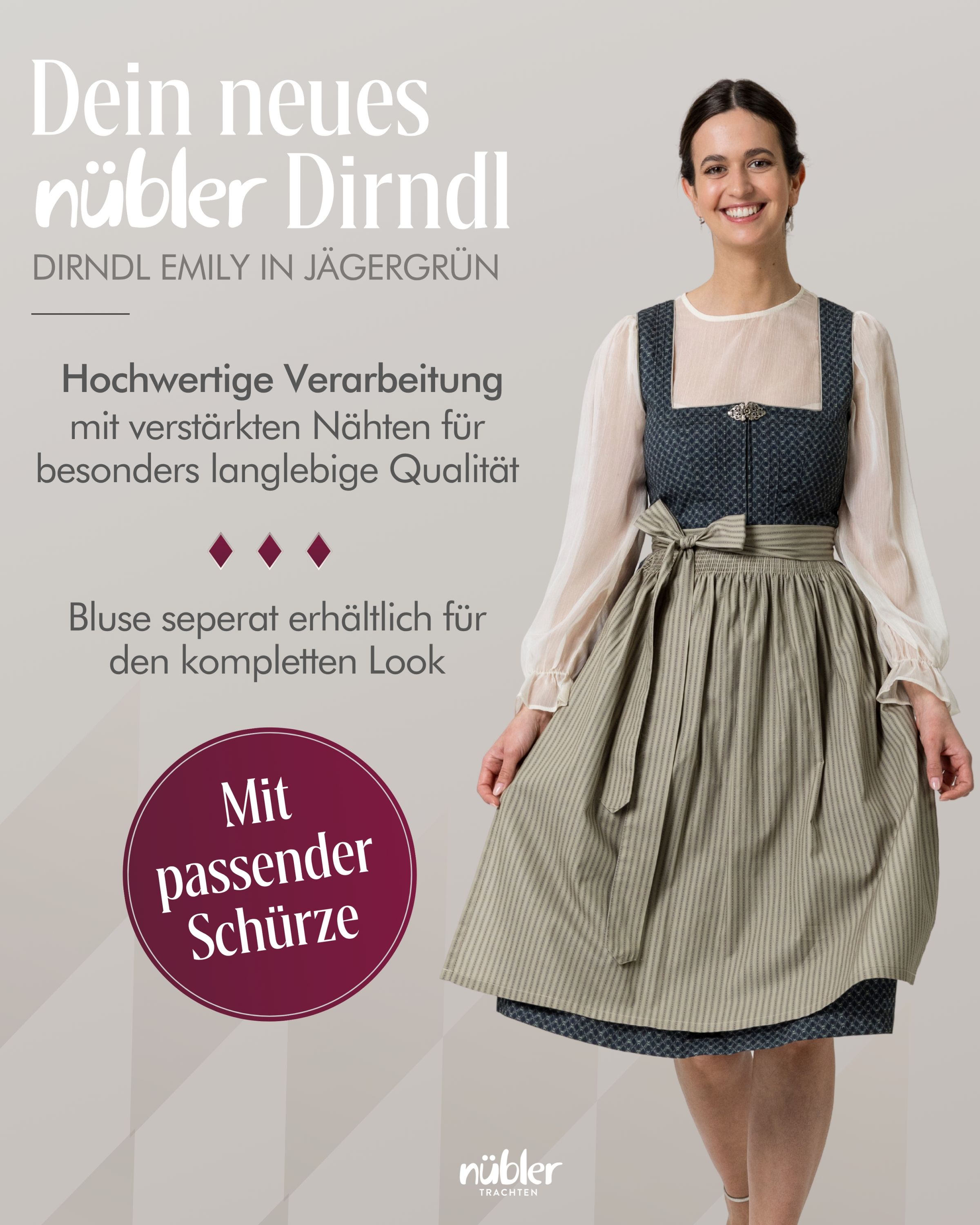 Midi Dirndl Emily in Schiefer und Rosenholz von Nübler