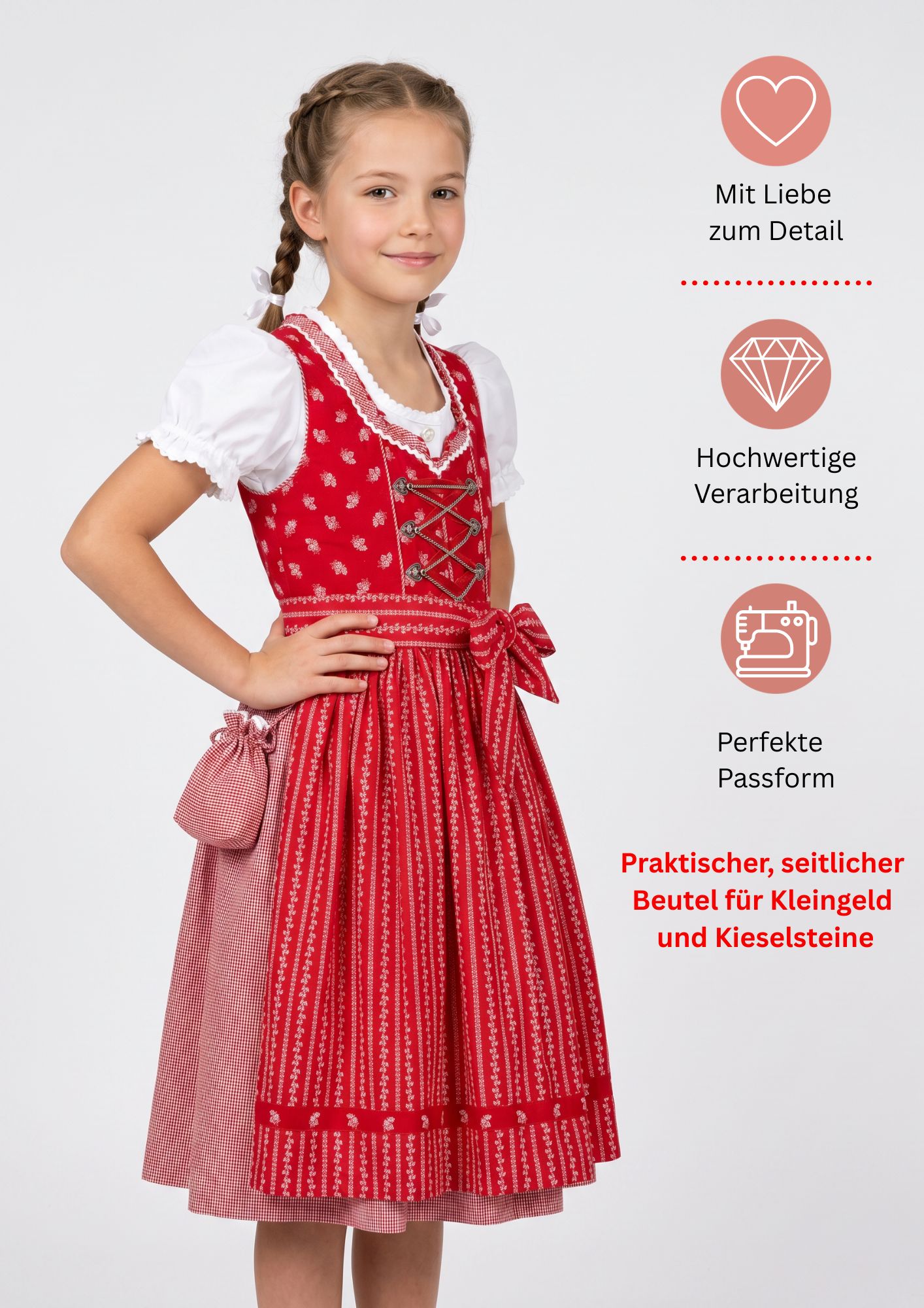 Kinderdirndl Larissa in Rot, 3-teiliges Set
