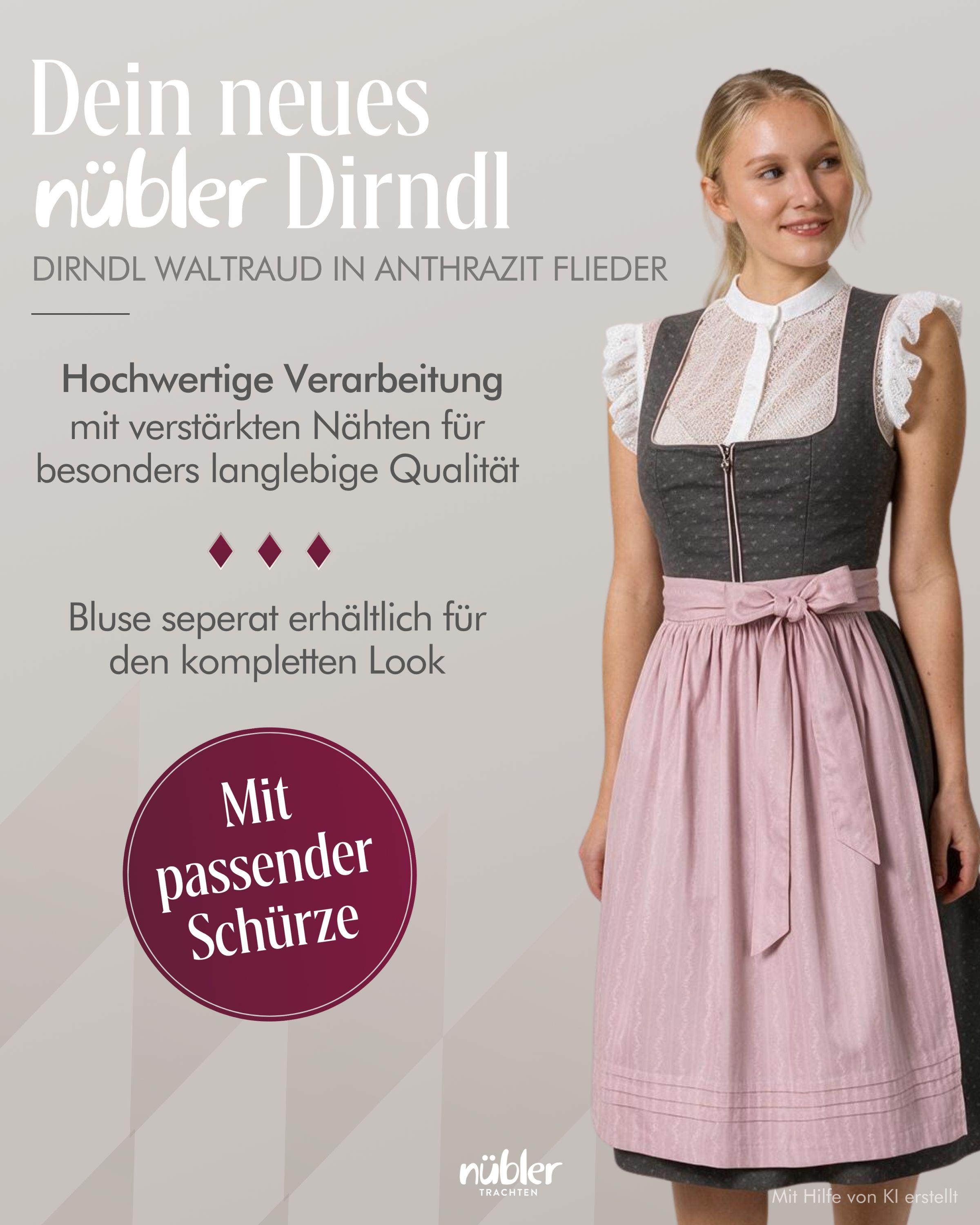 Midi Dirndl Waltraud in Anthrazit Flieder