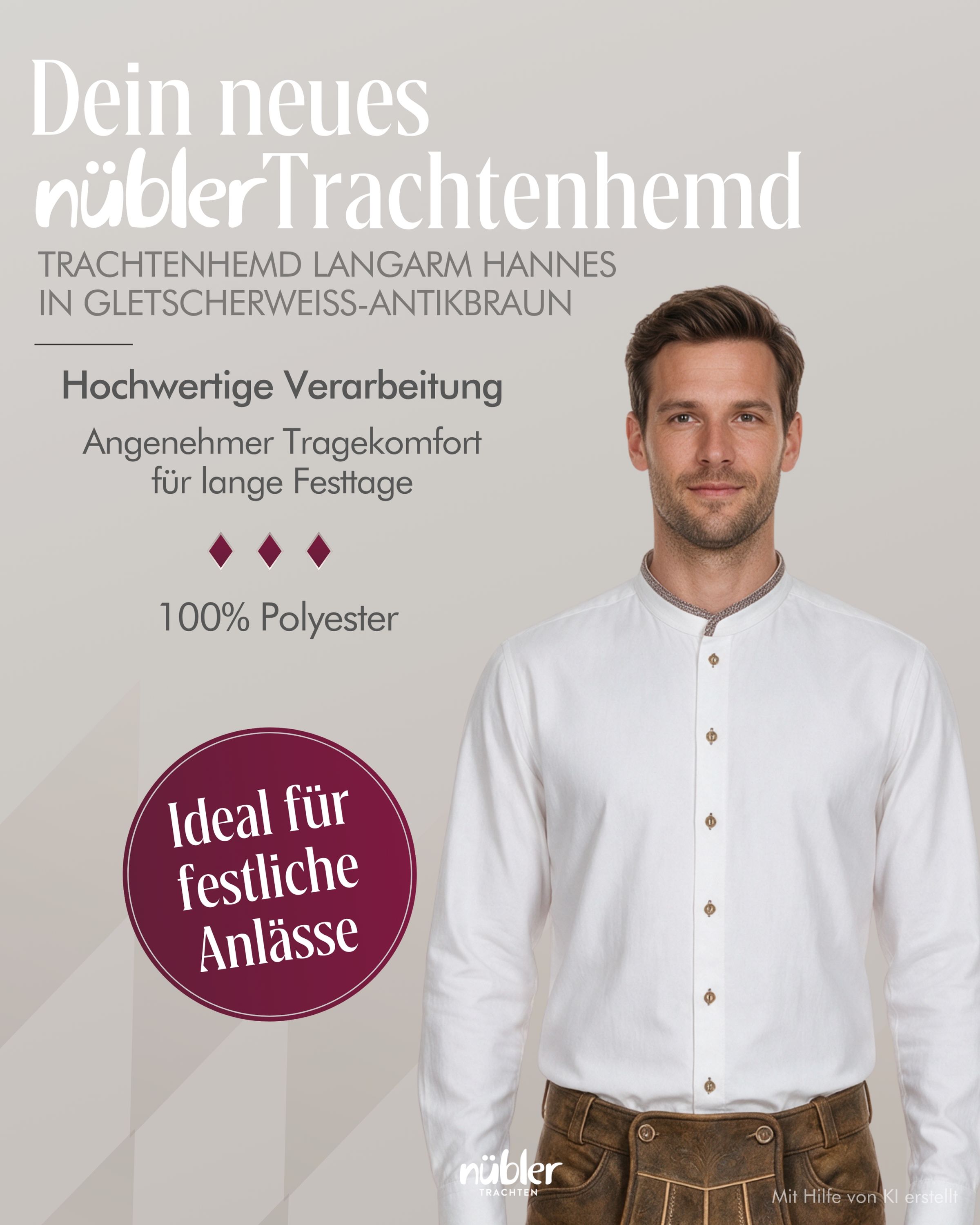Trachtenhemd Langarm Hannes in Gletscherweiß-Antikbraun von Nübler