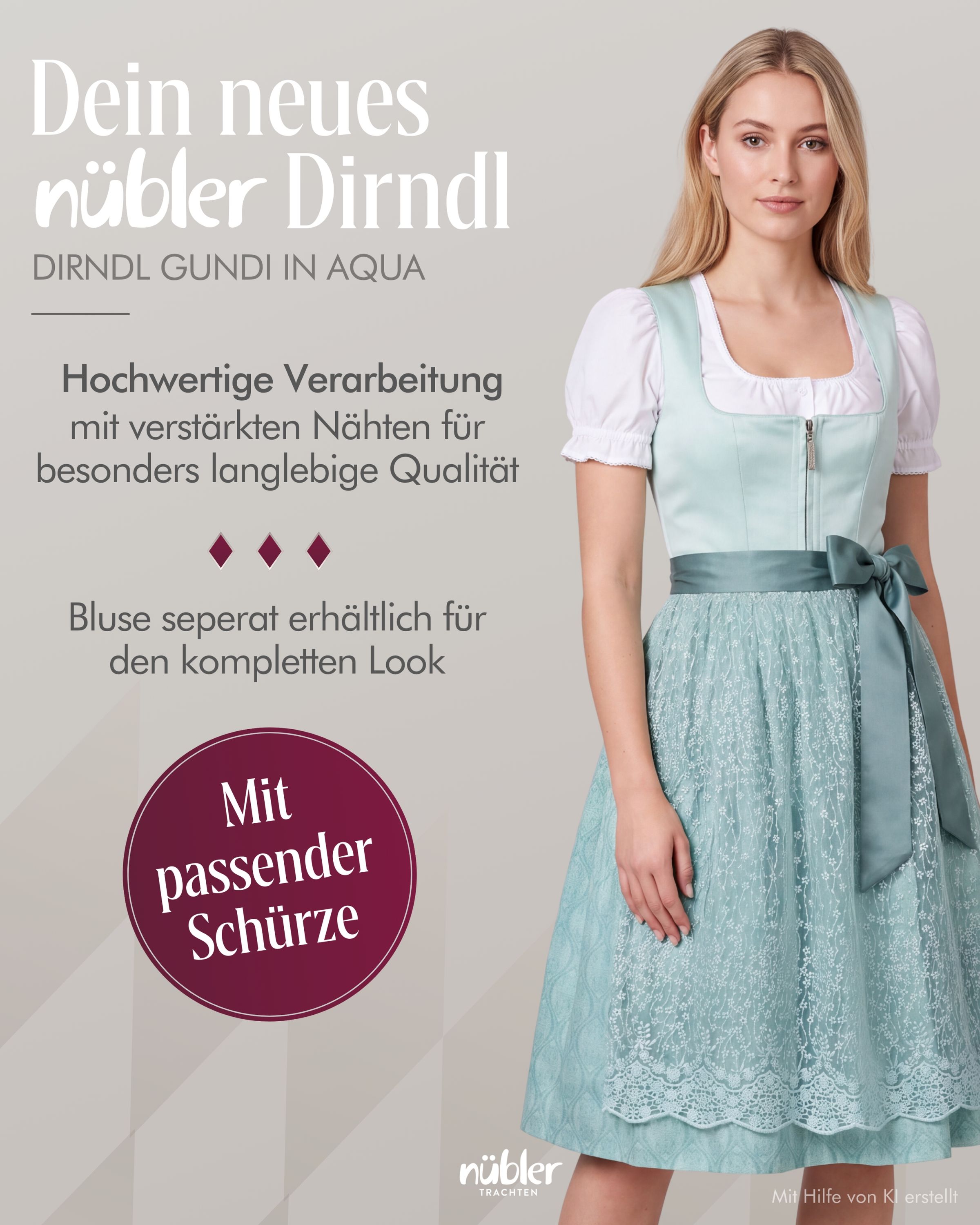 Midi Dirndl Gundi in Aqua von Nübler