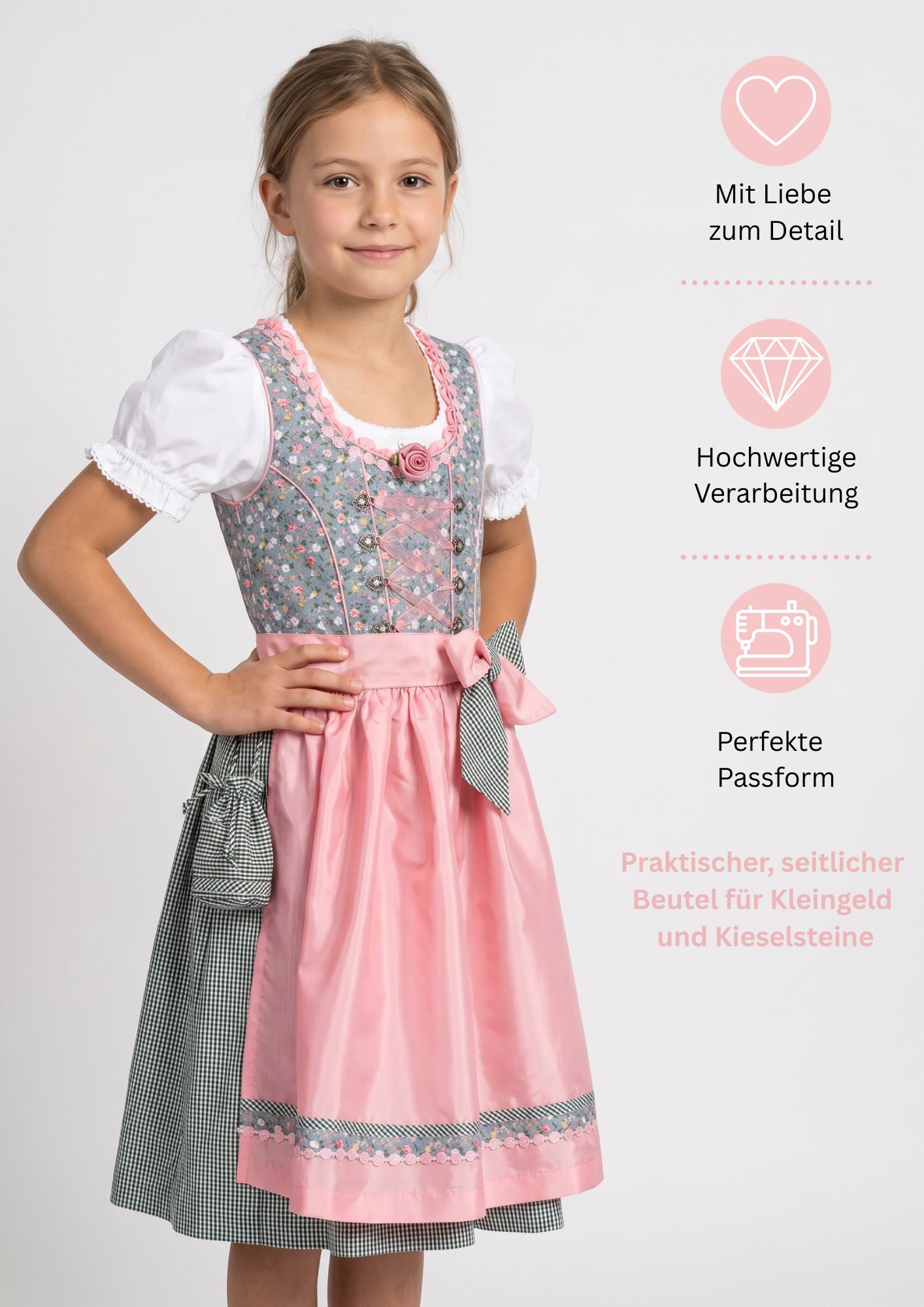 Kinderdirndl Nicky in Hellblau Rosa, 3-teiliges Set
