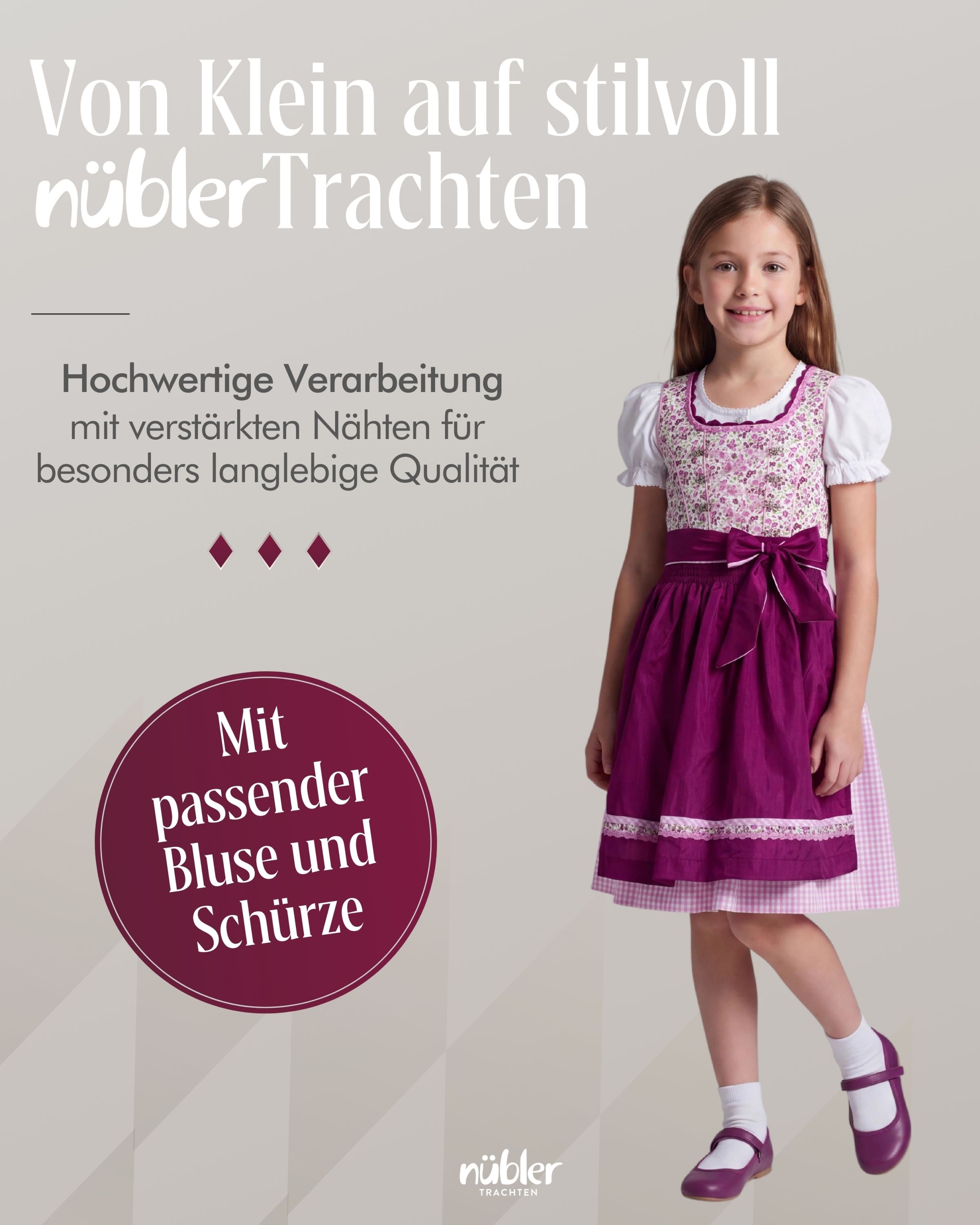 Kinderdirndl Nadja in Beere, 3-teiliges Set