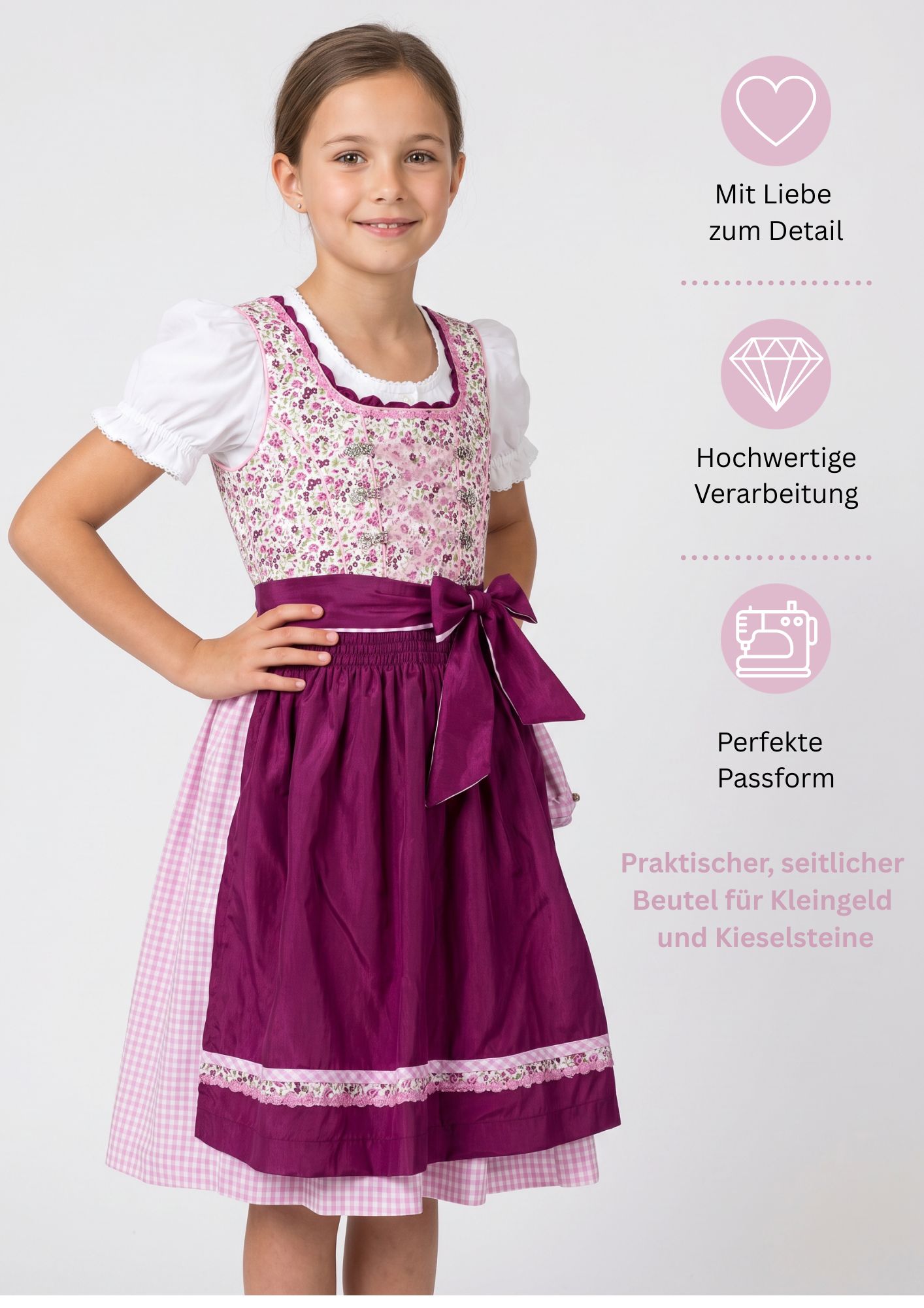 Kinderdirndl Nadja in Beere, 3-teiliges Set