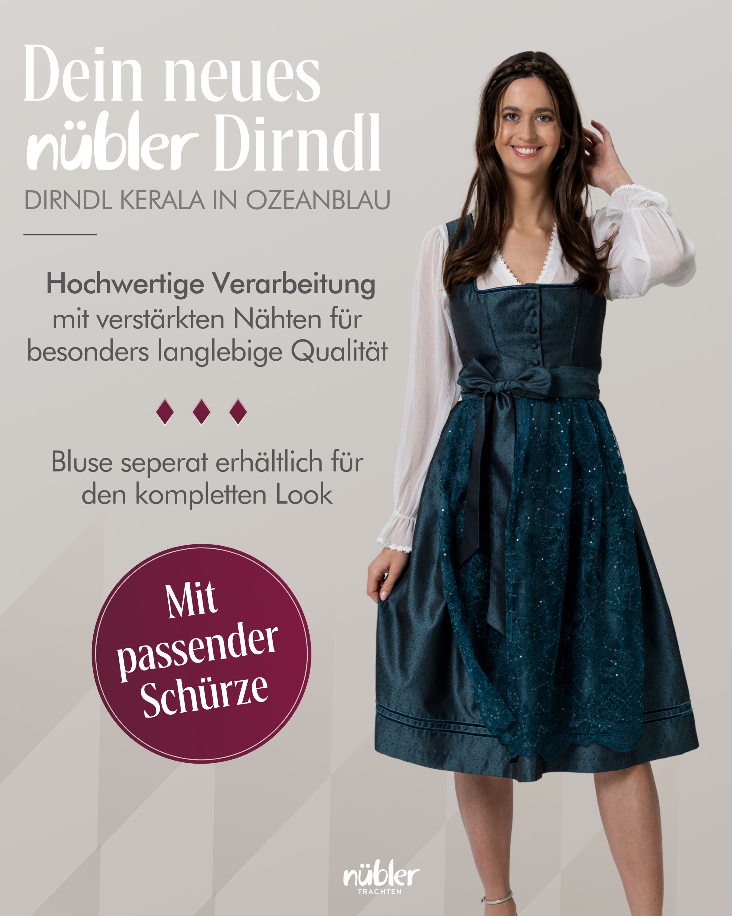 Midi Dirndl Kerala in Ozeanblau von Nübler