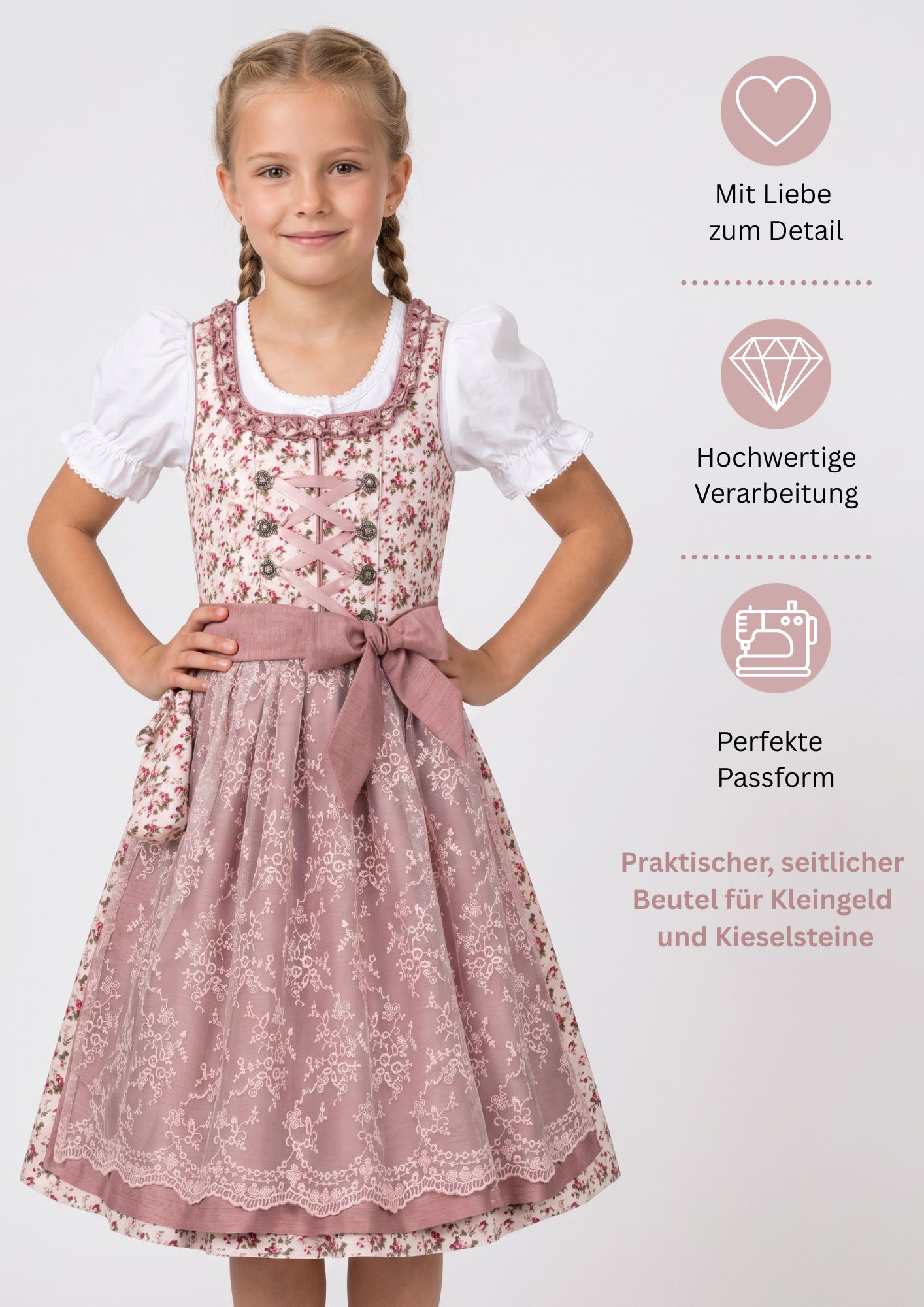 Kinderdirndl 3-teilig Matilda in Rosé von Nübler