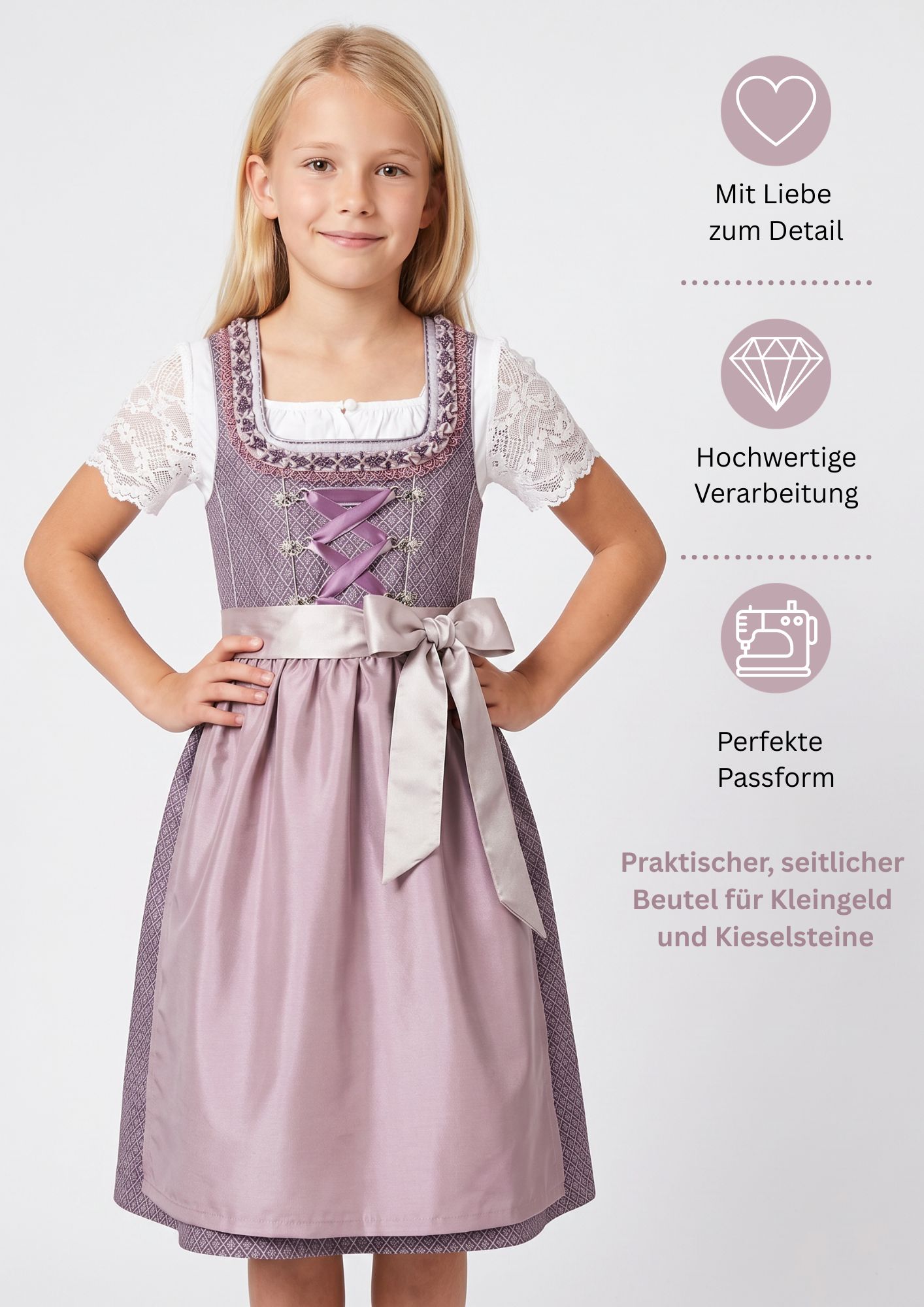 Kinderdirndl Gavrila in Aubergine, 3-teiliges Set