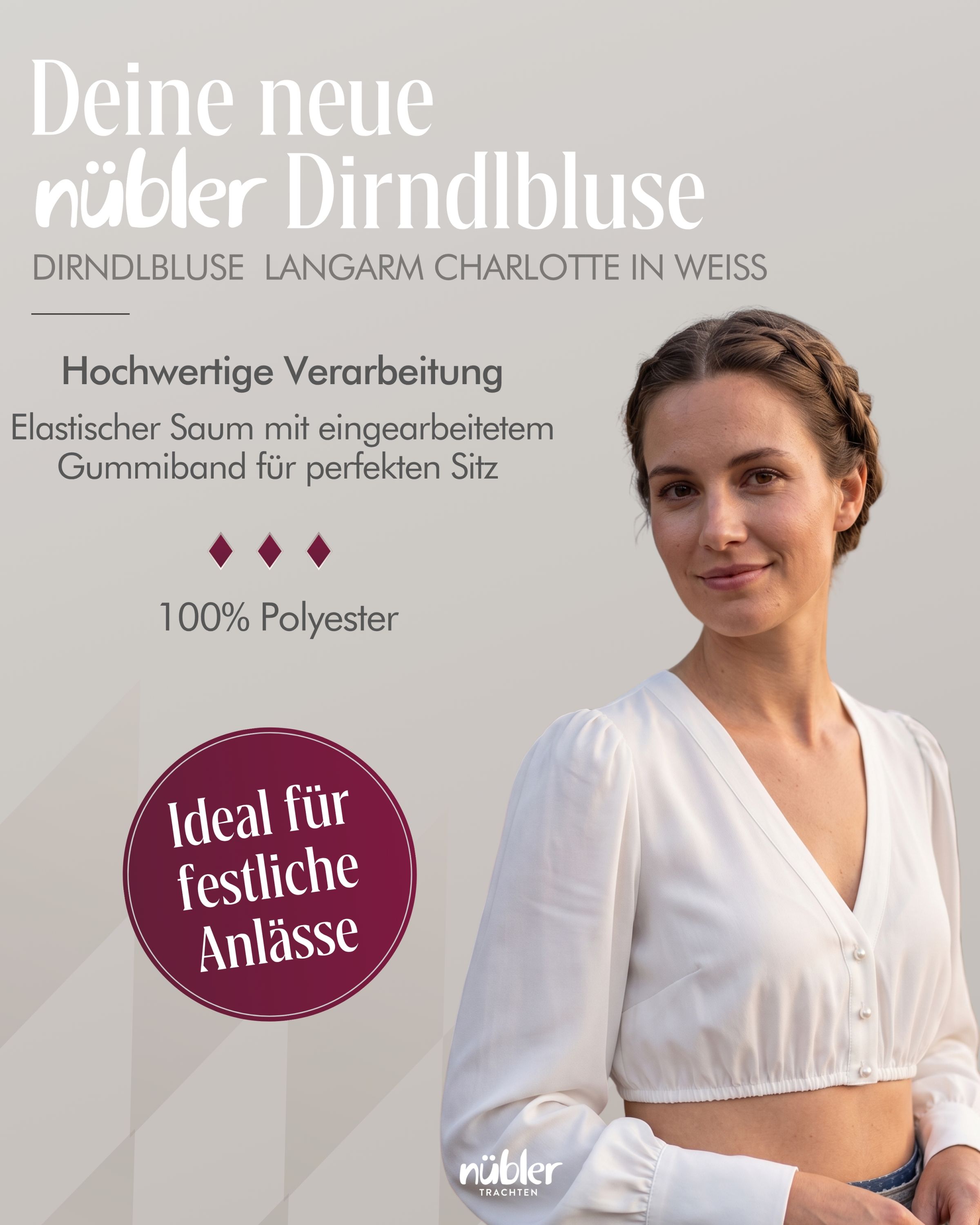Dirndlbluse Charlotte Langarm in Creme von Nübler