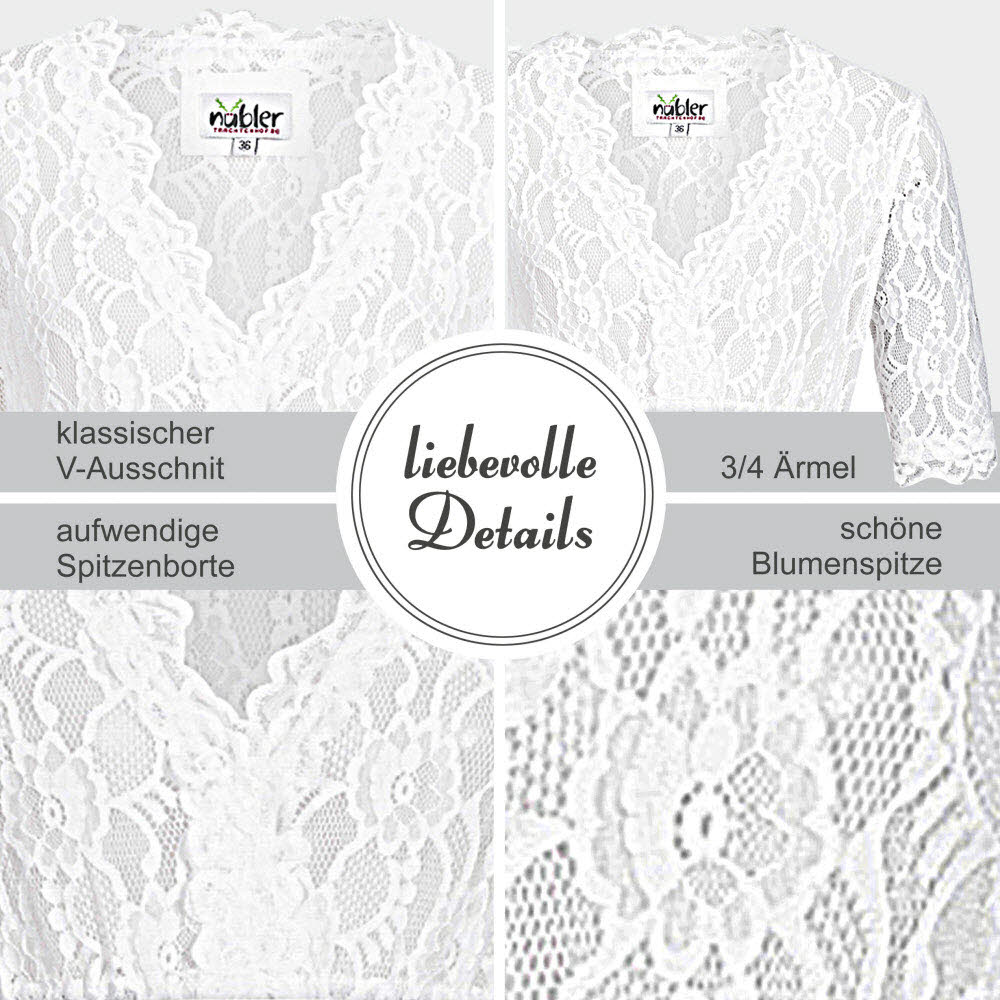 Dirndlbluse 3/4 Arm Laura in Weiß von Nübler Größe 32