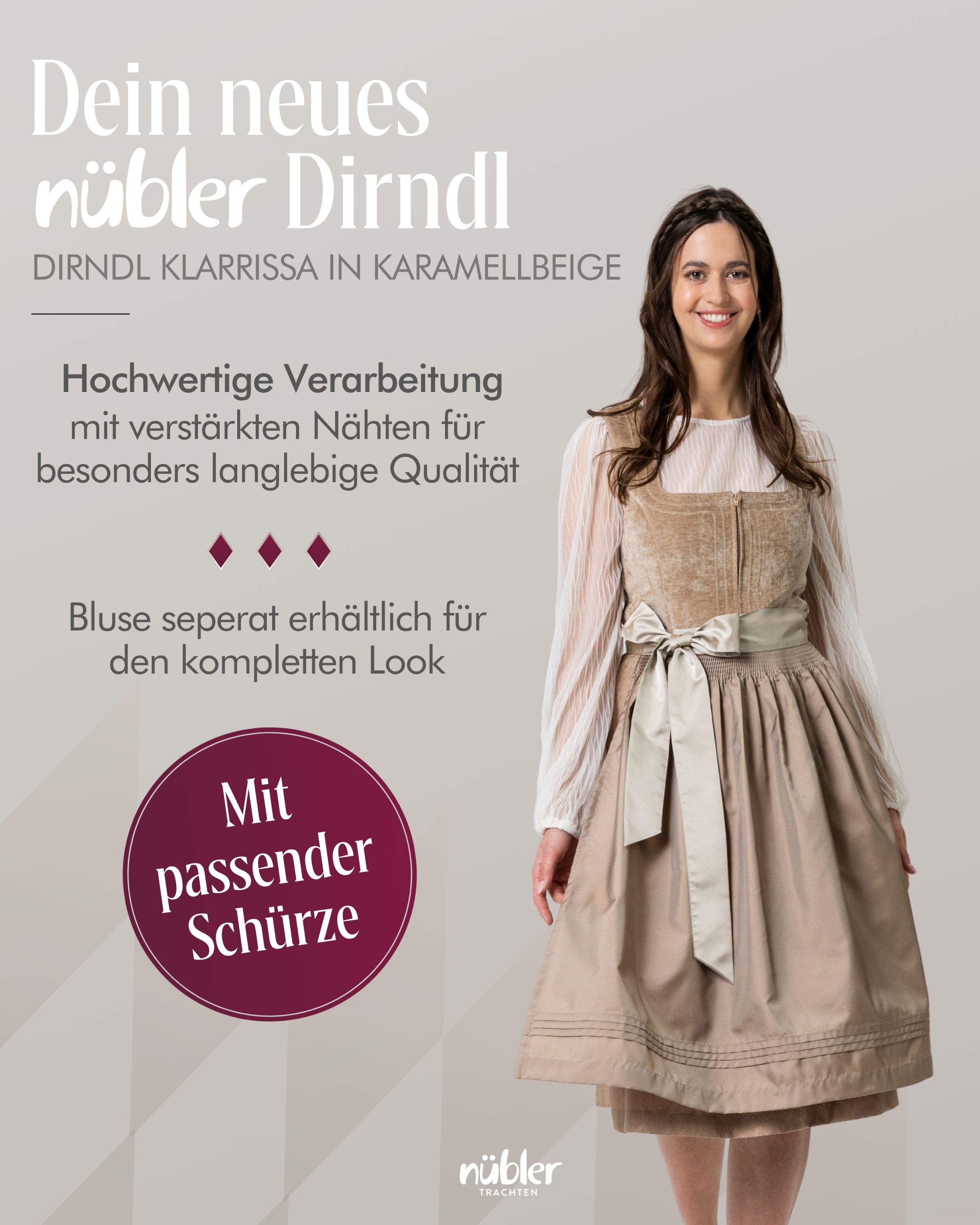Midi Dirndl Klarissa in Karamellbeige von Nübler